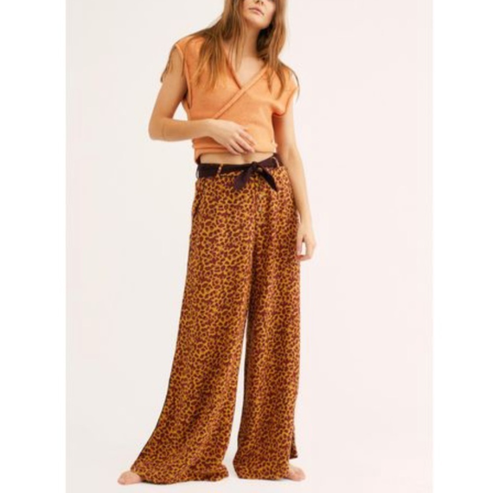 Free People Wide Leg Leopard Print Pants in Rust & Black